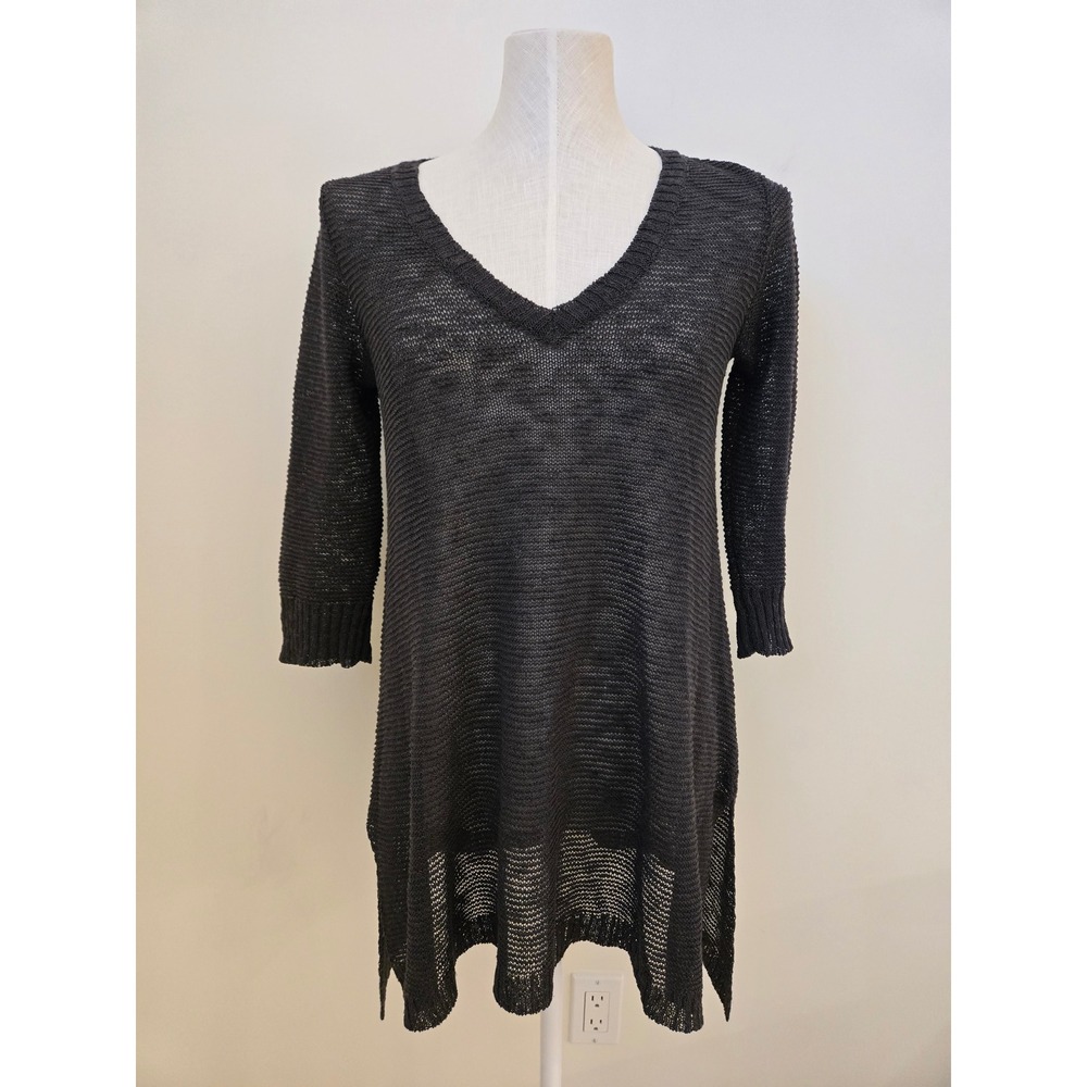Eileen Fisher Linen Blend Open Knit Oversized Tunic Sweater Dark Grey V Neck XS
